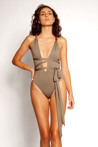 Annabel plunge one-piece swimsuit in beige-olive, front view